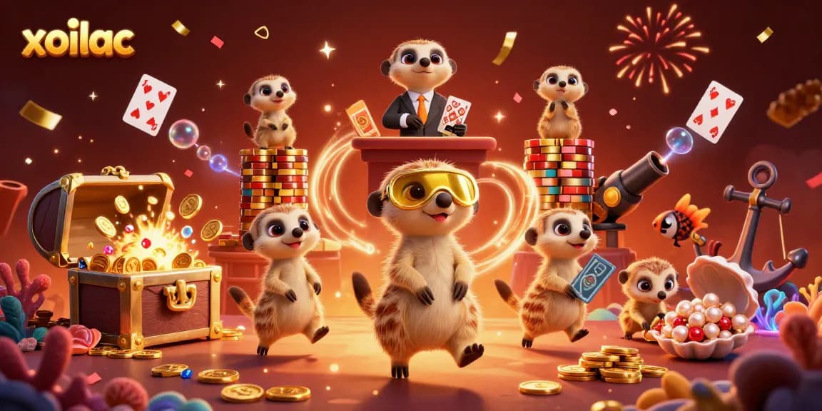 Xoilac's meerkat-themed casino adventure showcases lively gaming action with vibrant elements.