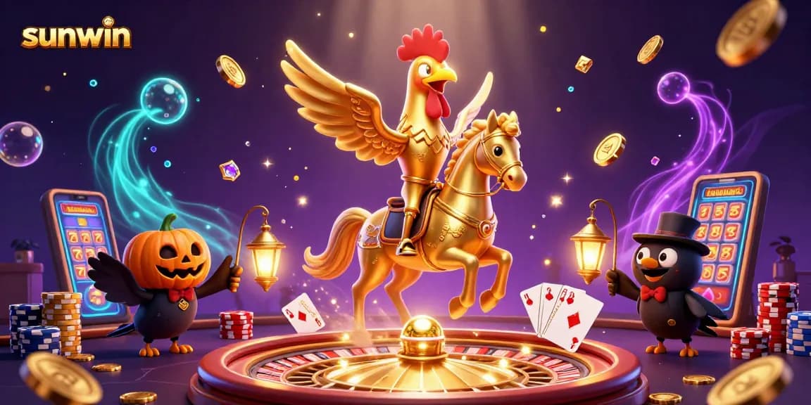 Experience thrilling wins with sunwin as a golden rooster and magical companions in a vibrant casino scene.