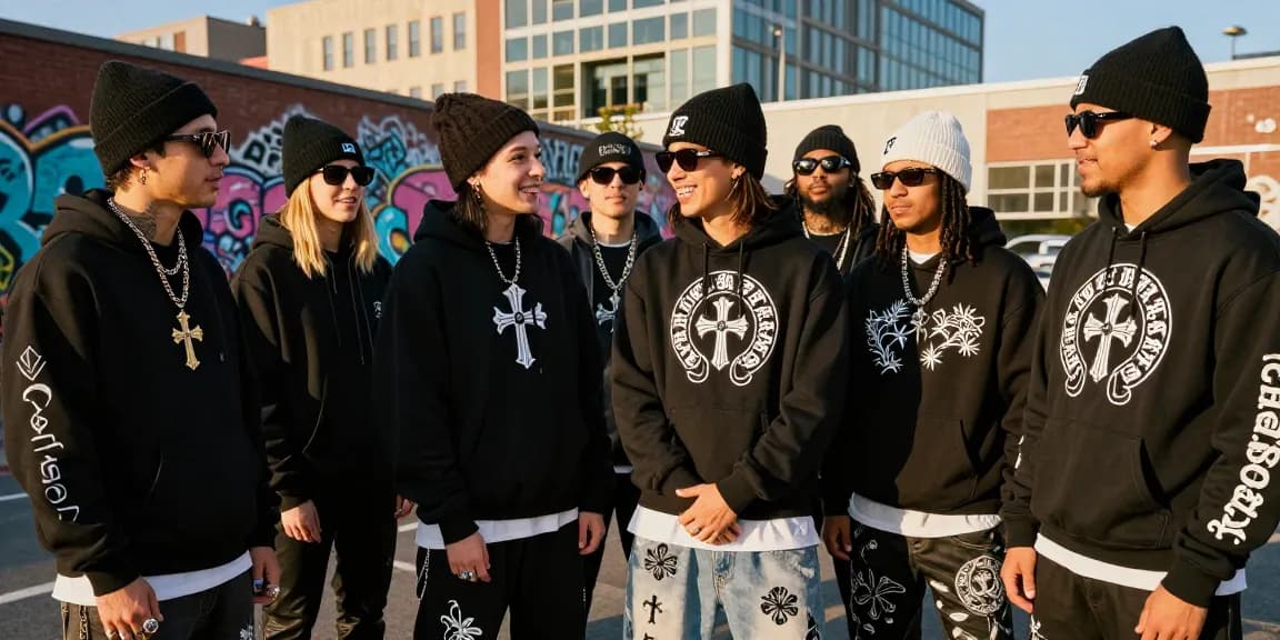 Chrome Hearts fashion scene with stylish individuals showcasing hoodies, sunglasses, and edgy accessories in an urban setting.