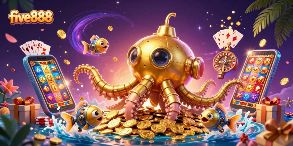 Experience the excitement of five888 with a golden kraken submarine in a dynamic casino scene.