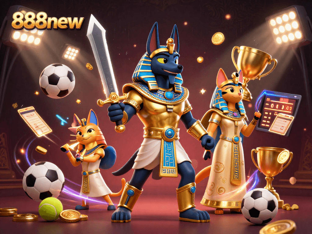 Experience the thrill of winning with 888new's dynamic casino scene featuring Anubis and Bastet.