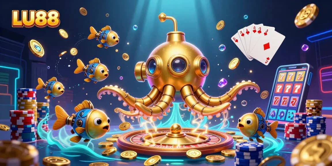 LU88 engages players with vibrant 3D illustration showcasing thrilling casino elements and an exhilarating underwater theme.