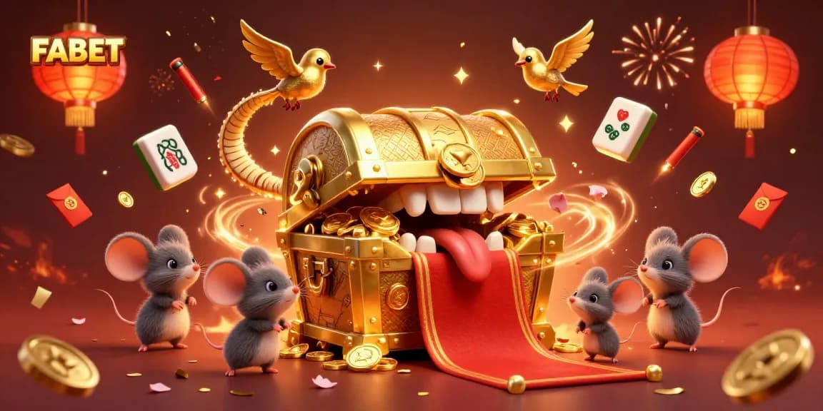 Experience excitement with FABET's 3D treasure chest and vibrant casino elements.