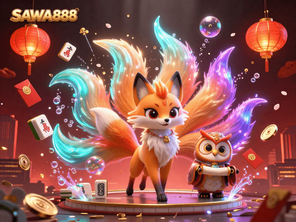 Experience thrilling gameplay with SAWA888, where a vibrant nine-tailed fox and wise owl guide your luck in slots.
