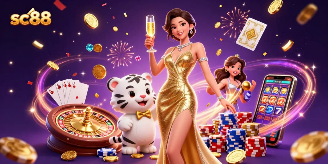 Experience thrill and luxury at sc88 with a glamorous cocktail party scene showcasing wins and excitement.