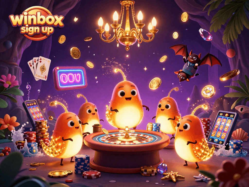 Experience the excitement of winbox sign up with vibrant casino elements and glowing characters.