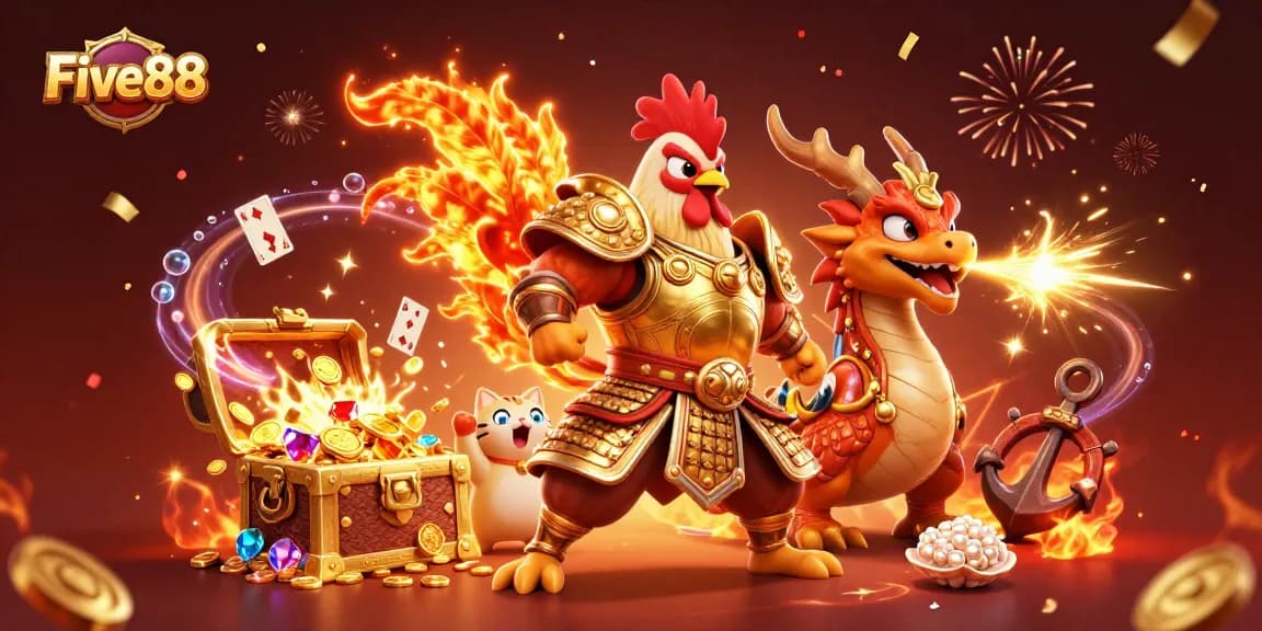 Experience the excitement of Five88 Casino with stunning 3D illustration featuring dynamic casino elements.