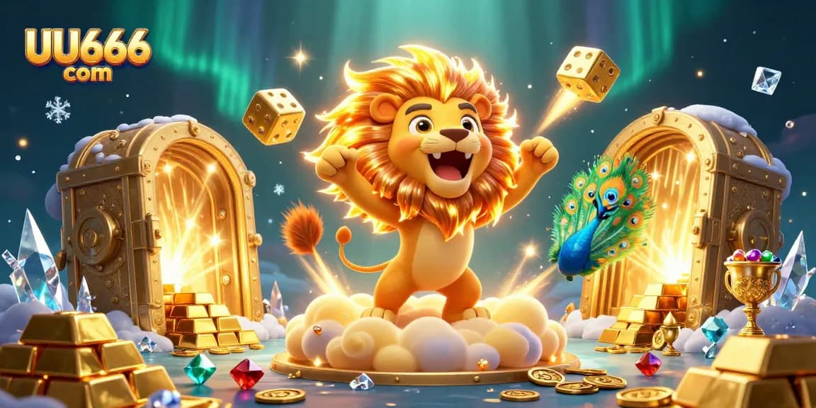 Engage with UU666 com and win big in this vibrant casino-themed illustration featuring roaring lion.