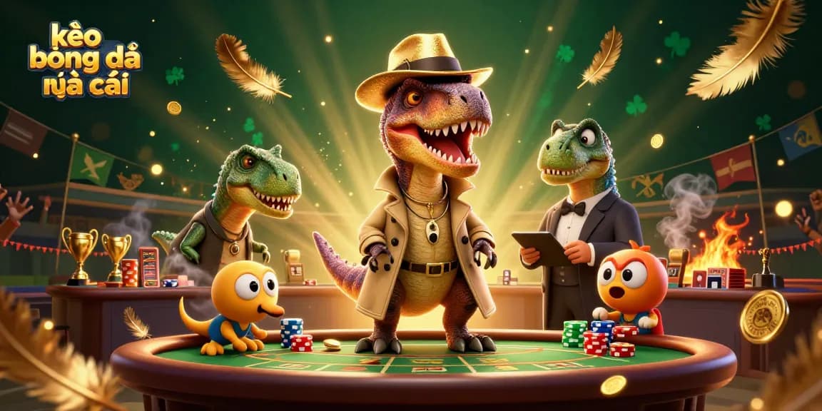 Bet on kèo bóng đá nhà cái with a clever velociraptor at a sports betting table.