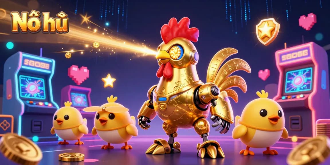 Nổ hũ activity featuring a golden rooster robot and baby chick drones surrounded by colorful arcade machines.