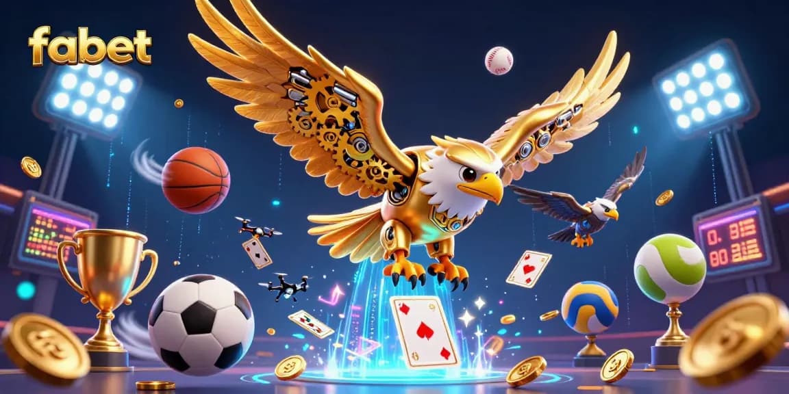 Engage with fabet's vibrant 3D illustration showcasing energetic sports betting with a golden eagle amidst flying sports elements.