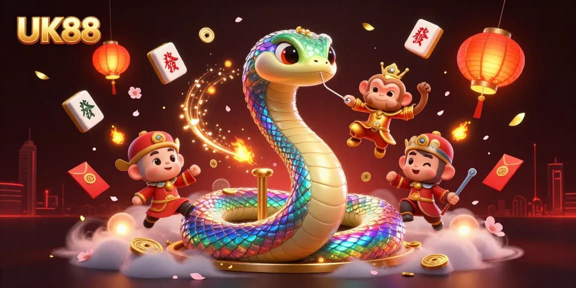 Experience thrilling gameplay with UK88 in a vibrant 3D casino illustration featuring a rainbow serpent.