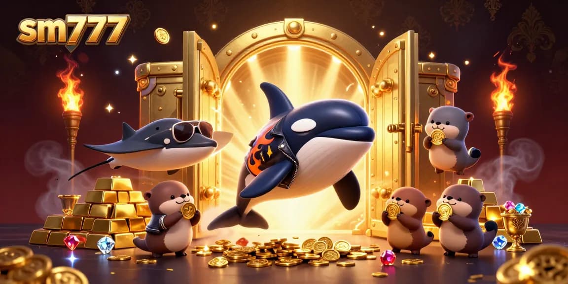 Experience thrilling wins with sm777 as a lively orca and friends celebrate in a vibrant casino scene.
