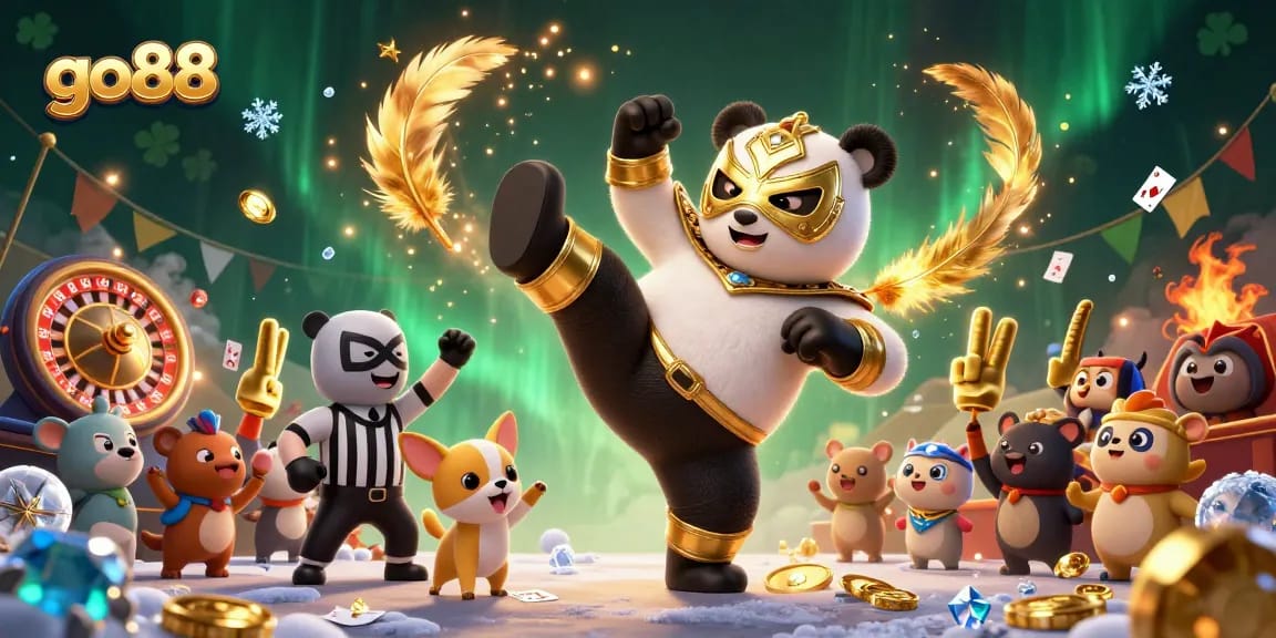 Experience the excitement of go88 with a vibrant casino scene featuring a wrestling panda and lively animal spectators.