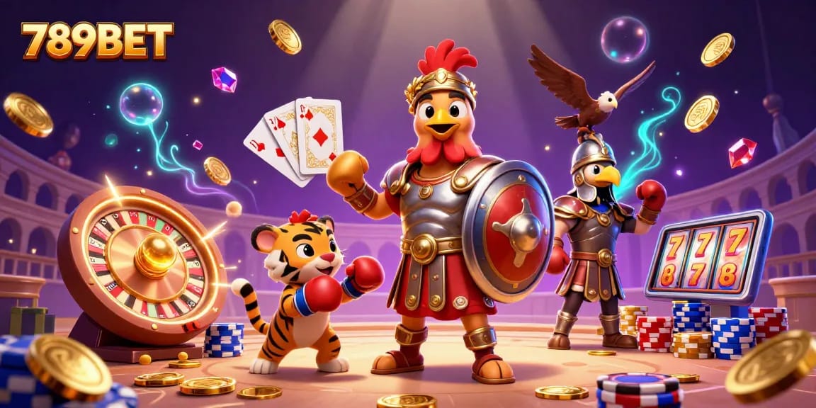 Engage with the 789BET gaming thrill featuring a gladiator rooster and casino elements.
