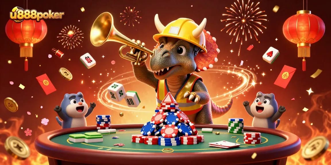 u888poker celebrates with a golden trumpet, cartoon dinosaurs, and poker-themed fun.