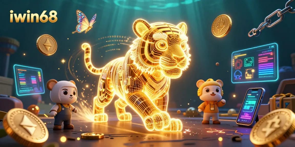 Iwin68 offers thrilling gaming experiences with a neon-light tiger and vibrant crypto elements.