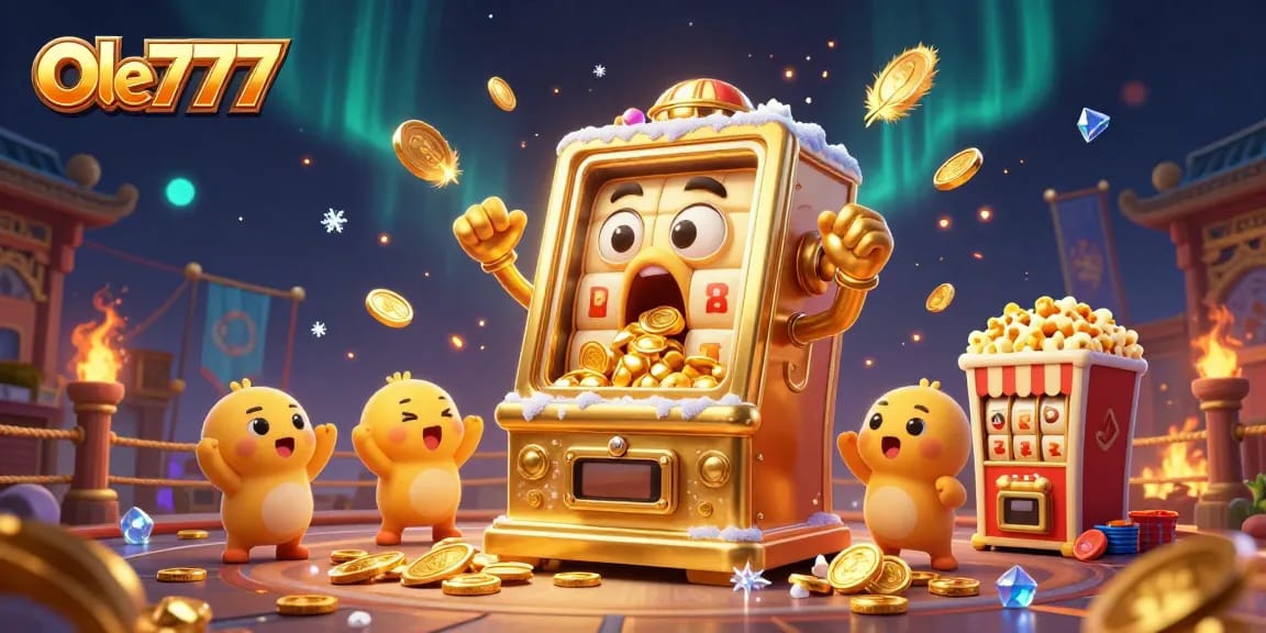 Experience excitement at Ole777 as golden slot machines hit jackpots and coins cascade.