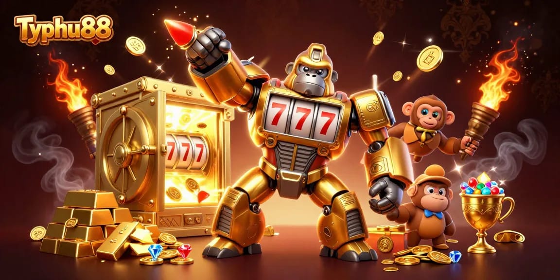 Typhu88 games explode with excitement as a golden gorilla mech bursts through riches, showcasing winning potential.