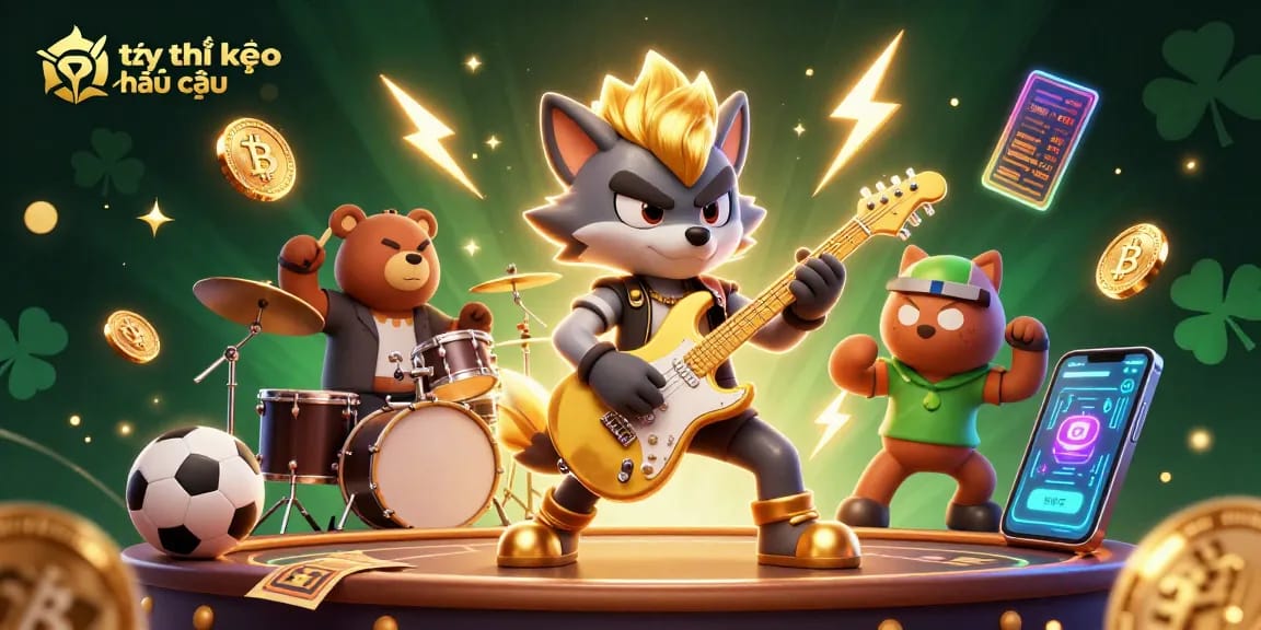Engaging illustration depicting tỷ lệ kèo nhà cái with sports betting theme highlighted by a dynamic rockstar performance.