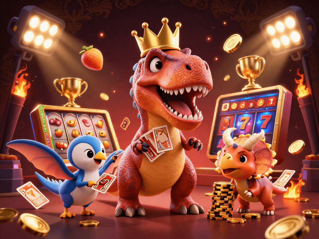 Experience the vibrant energy of Vaidebet with cartoon dinosaurs engaging in a thrilling slot game.