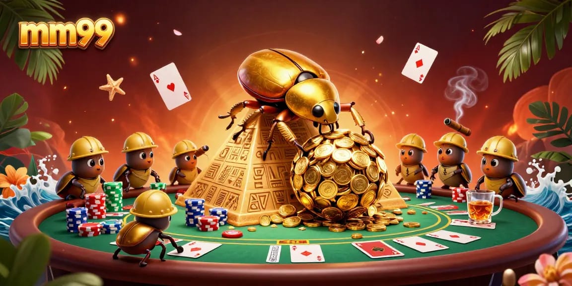 Experience the thrill of mm99 at the vibrant casino with golden beetles and poker elements.