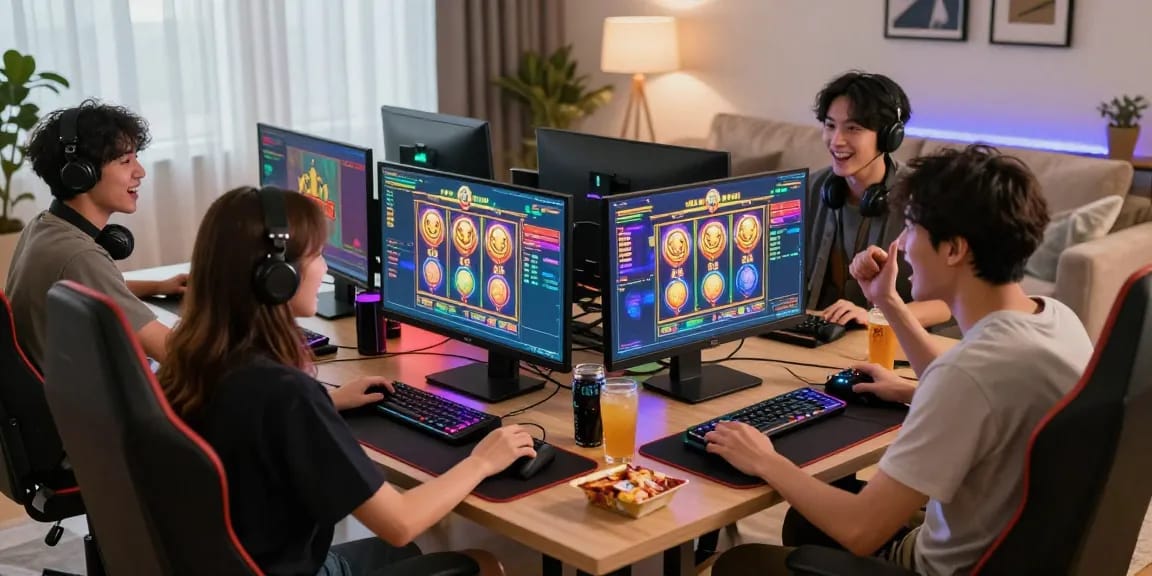 Excited players enjoying situs slot deposit 10 ribu at home with vibrant gaming setup.