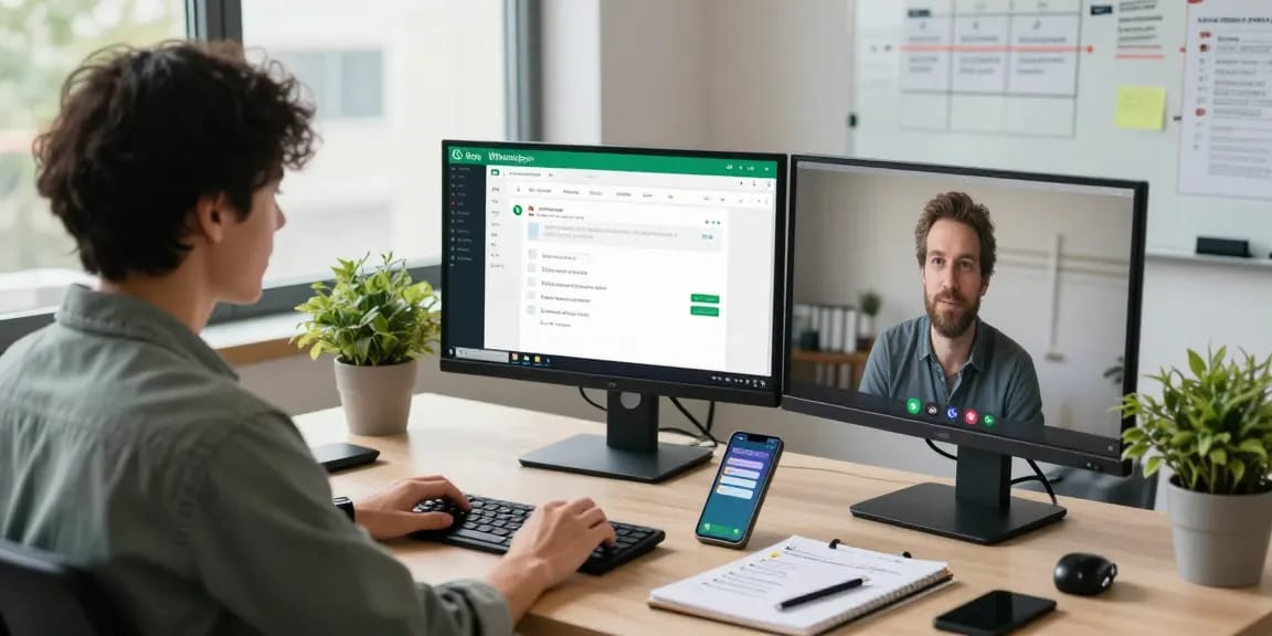 Person using WhatsApp電腦版 in a modern office setting with dual monitors and vibrant workspace.