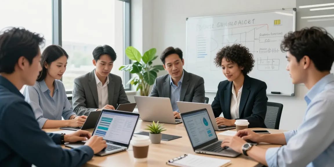 Business team discussing bolt ons for mobile solutions in a modern office.