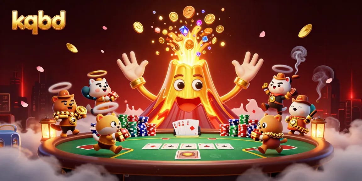 Experience the thrill of kqbd results as a golden volcano erupts with treasures amidst poker action.