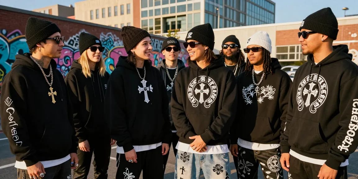 Chrome Hearts fashion scene with stylish individuals showcasing hoodies, sunglasses, and edgy accessories in an urban setting.