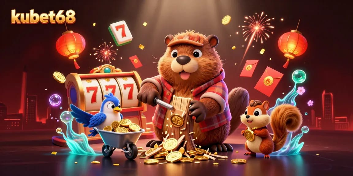 Play slots and win with kubet68's lively illustration featuring a beaver, bird, and squirrel among rich casino elements.