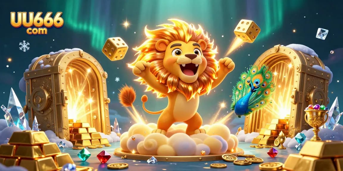 Engage with UU666 com and win big in this vibrant casino-themed illustration featuring roaring lion.