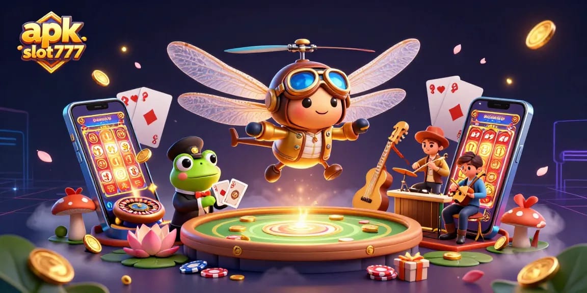 Experience thrilling gameplay with apk slot777, featuring vibrant 3D cartoon characters in a lively casino scene.
