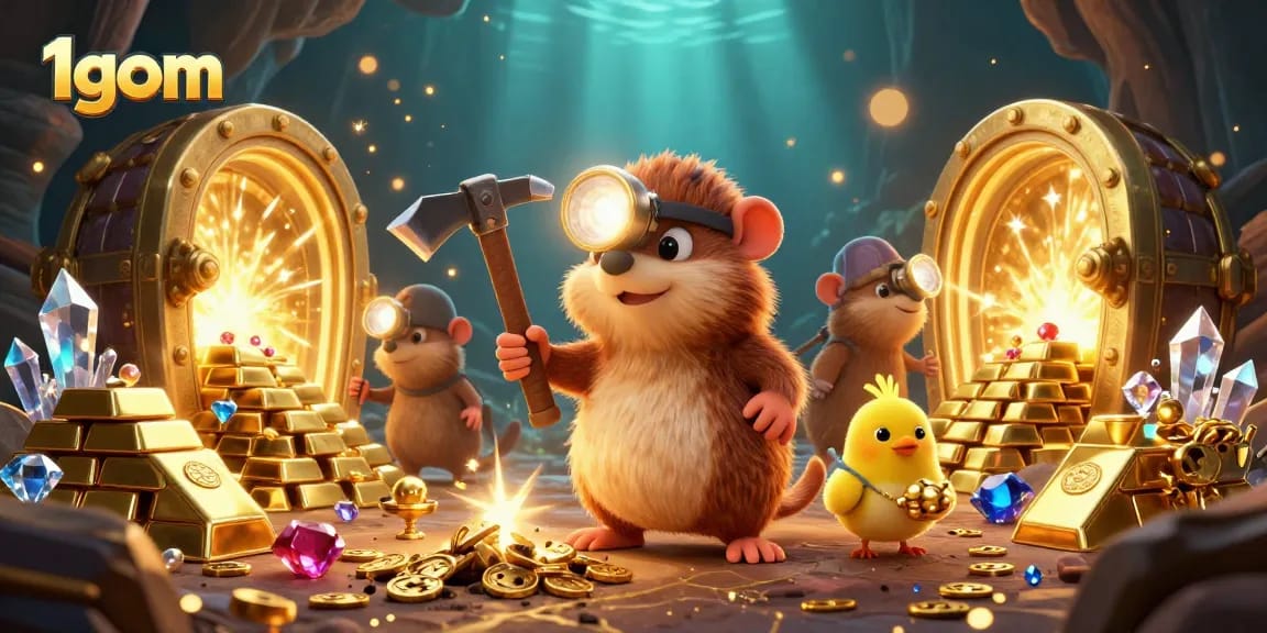 Bet on success with 1gom as the treasure hunter mole explores a vibrant cave of gems.