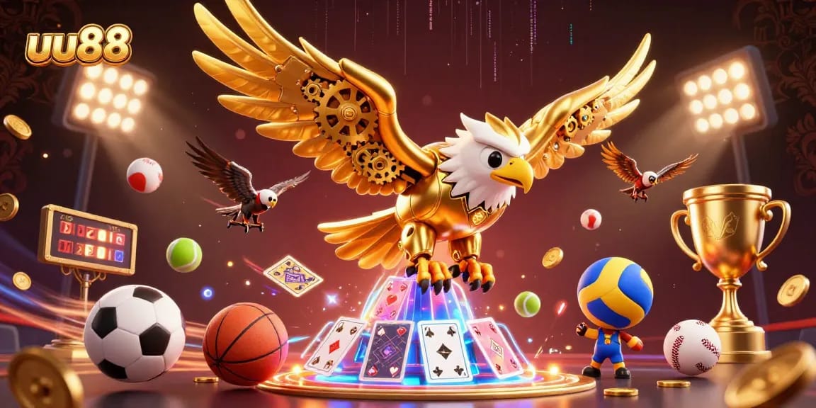 Experience exhilarating games with uu88, featuring dynamic sports elements and a majestic cybernetic eagle.