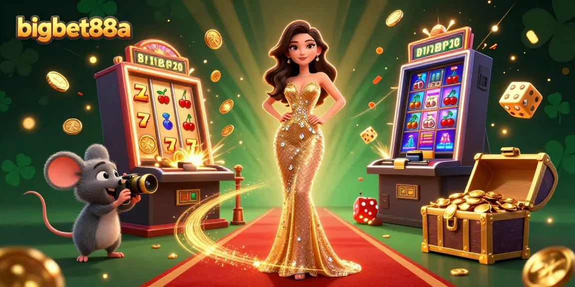 Engage with bigbet88a for thrilling casino action, showcasing vibrant slot machines and glamorous elements.