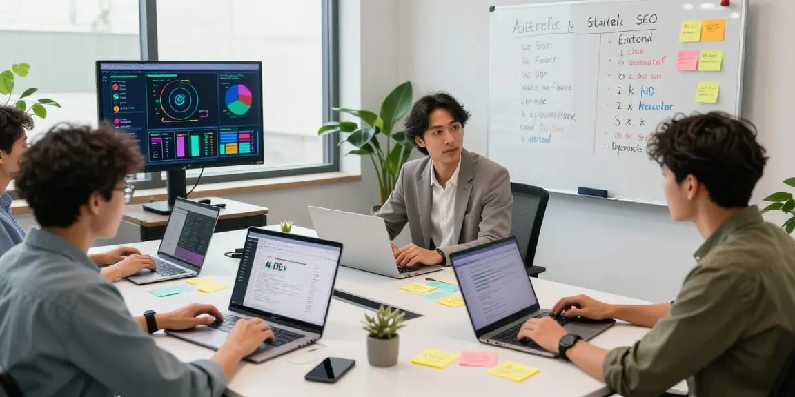 Team collaborating on AI SEO tools in a modern tech workspace.