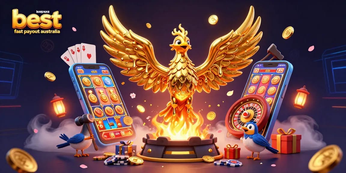 Engage at the best online casino fast payout Australia with a golden phoenix, coins, and slot games.