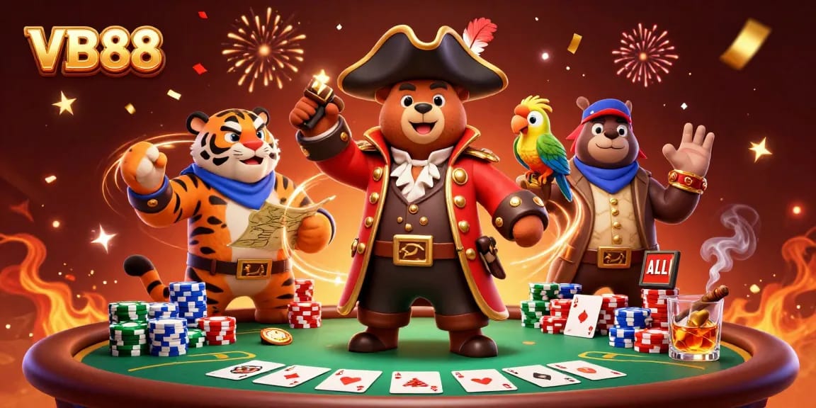 Join the excitement of VB88 at a lively poker table with colorful chips and characters.