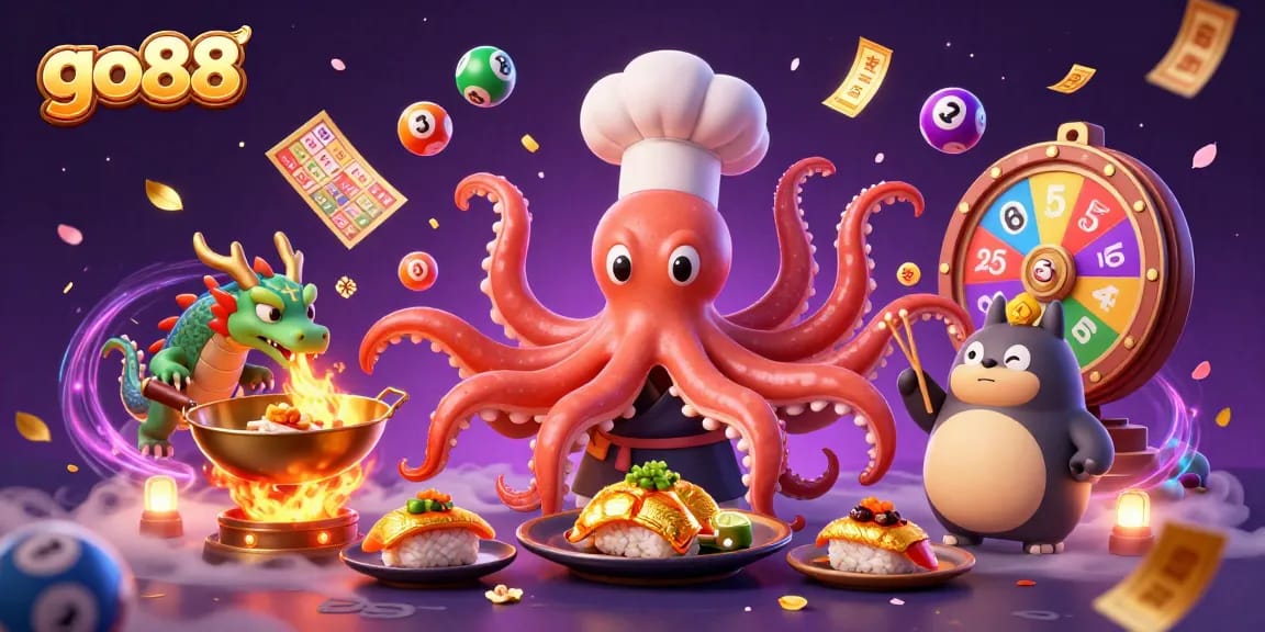 Experience go88 and its vibrant atmosphere with a colorful illustration of an octopus chef, dragon, and tanuki in action.