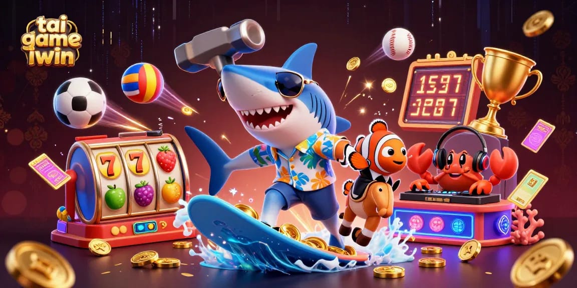 Play tai game iwin with energetic characters in a vibrant casino-themed 3D scene.