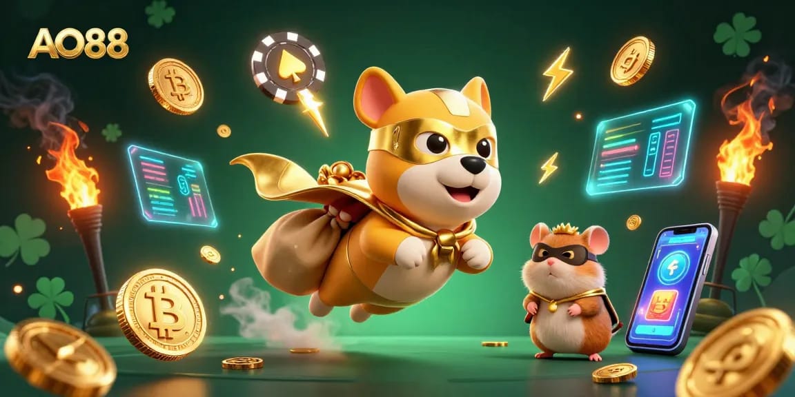 Experience thrilling gameplay at AO88 with a 3D superhero dog flying and coins floating around.