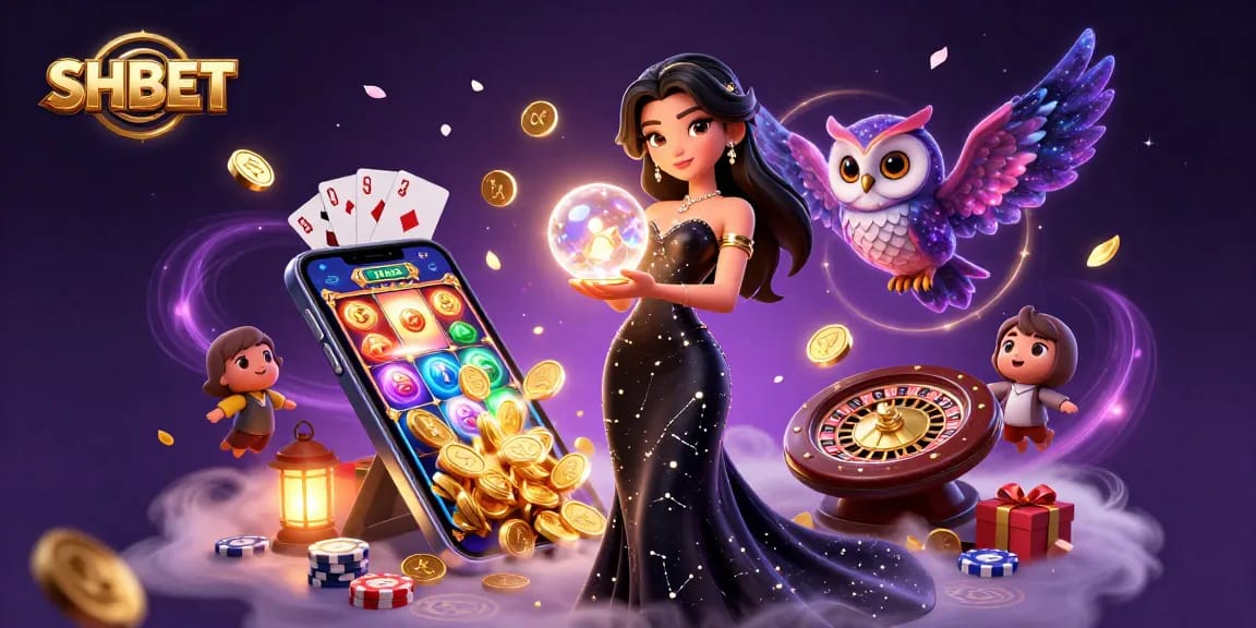 Experience SHBET’s enchanting casino world with a stunning woman and mystical elements.