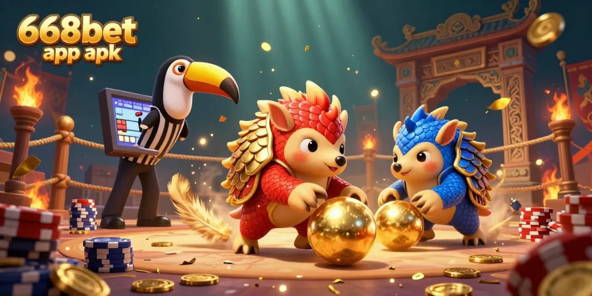 Engage with the exciting gameplay of 668bet app apk, featuring animated rival pangolins and poker chips.