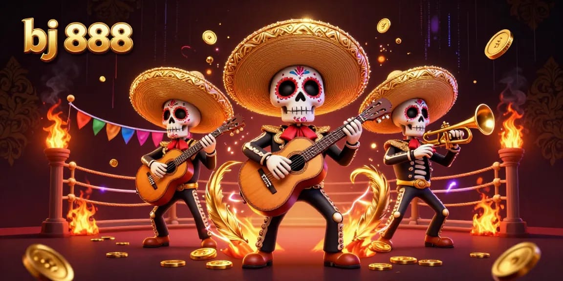 Experience exciting gameplay at bj 888 with a rich 3D illustration of a mariachi band in a casino setting.