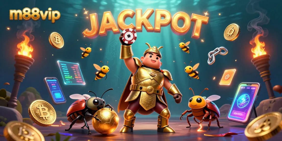 Experience the excitement of m88vip with a victory pose beetle, poker chips, and glowing crypto elements.