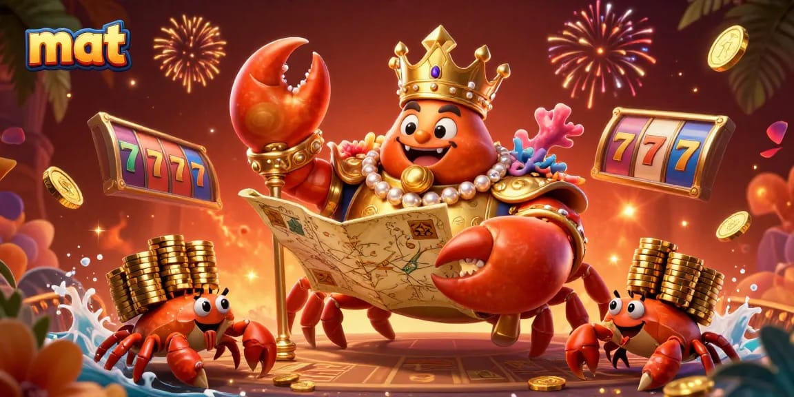 Engage in thrilling gambling adventures with mat as you encounter a golden crab emperor in a vibrant casino world.