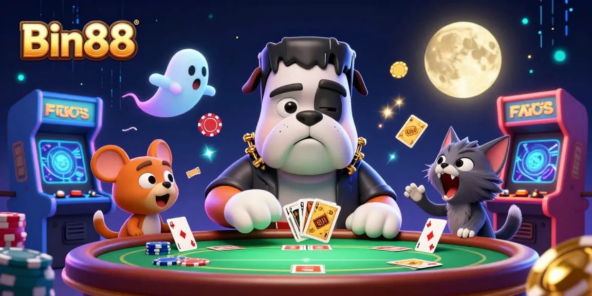 Engage with Bin88's thrilling poker scene featuring cartoon monsters and vibrant gaming elements.