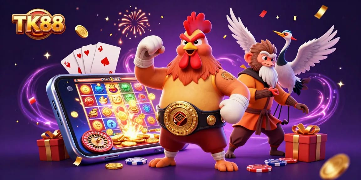 Engage with TK88's vibrant casino scene featuring a Muay Thai rooster, Shaolin monkey, and crane master.